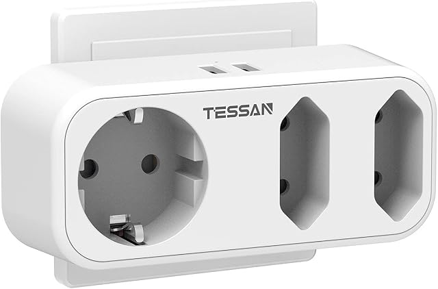 TESSAN Podwójne gniazdko elektryczne, gniazdo USB z 2 USB, 5 w 1, wiele gniazd 3 Fach Multiple Plug do gniazdka elektrycznego z ładowarką USB, potrójny rozgałęźnik gniazdka