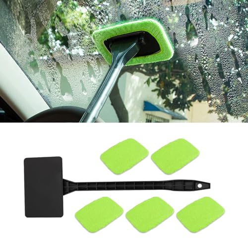 RGOAANC Windshield Cleaning Tool, Windshield Cleaning Wand, Car Window Cleaner with 5 Reusable and Washable Microfiber Pads and Extendable Handle, Auto Inside Glass Wiper Kit for Car Interior