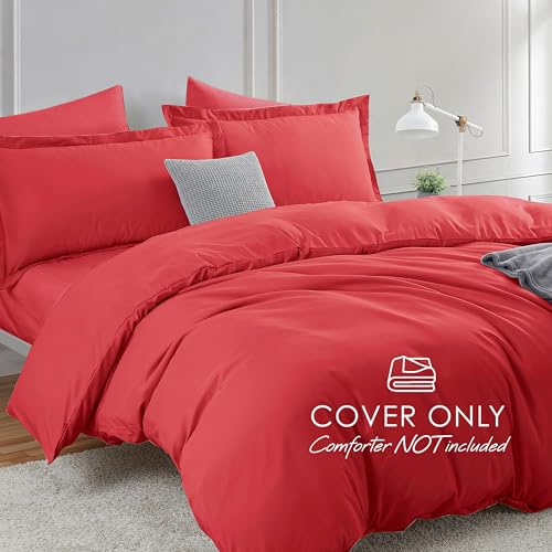 Image of Hearth & Harbor Red Duvet Cover with Fitted Sheet King Size | 4 Piece Soft Double Brushed Bedding Set, Button Closure, 1 Duvet Cover 104x90 Inches, 1 Fitted Sheet, 2 Pillow Shams