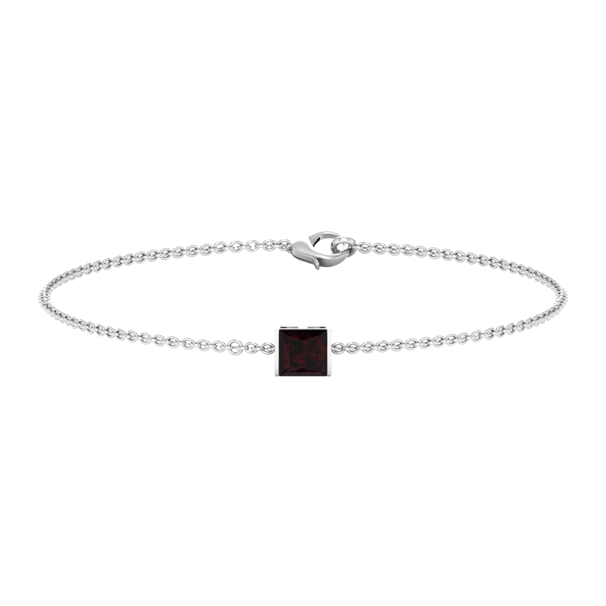 Rosec JewelsBar Set Princess Cut Garnet Solitaire Chain Bracelet | 6 MM | AAA Quality