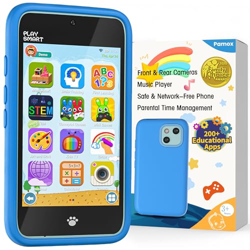 PAMOX Kids Toy Phones with Dual Camera, Learning Toys Phones Gifts for Kid 3-12 with 200+ Educational Puzzle Games, 4' Touchscreen Rechargeable Blue Child Smartphones with Parental Control