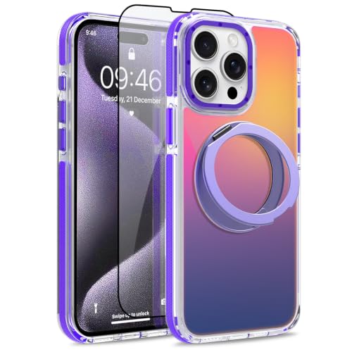 Image of Magnetic for iPhone 15 Pro Max Case with 360 Stand [Compatible with Magsafe] [Fluorescent Design] [1 Screen Protector] Slim Translucent Matte Case for iPhone 15 Pro Max 6.7 inch, Purple