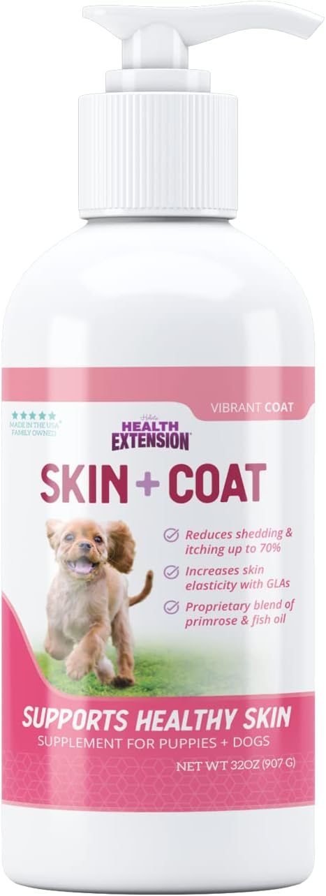 Health Extension Skin & Coat Supplement for Dogs & Puppies, 32oz - Omega 3 & 6 Rich Formula for Healthy Skin & Shiny Coat, Reduces Shedding & Itching
