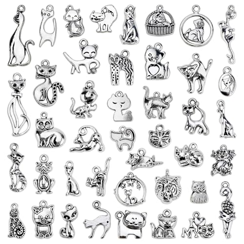 MEDIHOOL 42Pcs Antique Silver Cat Charms Kitty Pendants Vintage Kitten Charms DIY Craft Supplies Assorted Cat Pendants Gift for DIY Keychain Jewelry Making