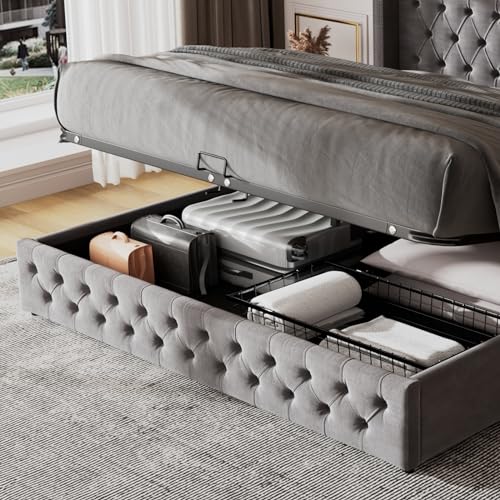 Skcess Doppelbett 180X200 Polsterbett Ohrenform Doppelte Nietenreihe Flanell, Knopfnähte Kopf-Und Fußende, Hydraulisches Funktionsbett, Grau – Bild 8