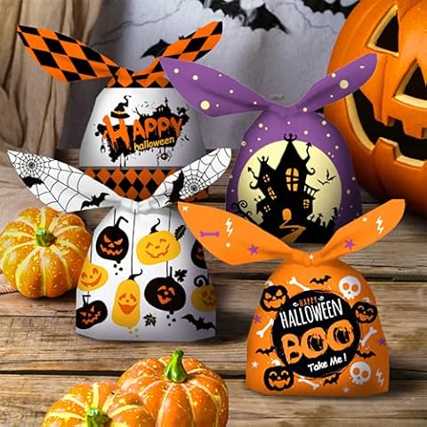 160Pcs Halloween Plastic Candy Bags, Orange Pumpkin and White Ghost Trick or Treat Plastic Gift Bags, Rabbit Goody Bags for Halloween Party Favors, Kids Treats Snacks Halloween Goodie Cover