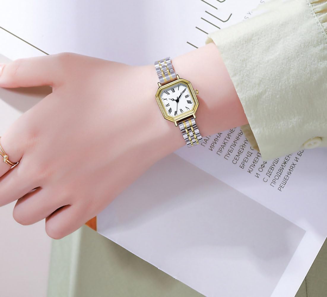 ADSBIAOYE Watches for Women Gold/Silver Vintage Octagonal Simple Stainless Steel Strap Casual Waterproof Wrist Watch for Ladies