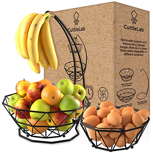 Fruit Basket with Banana Hanger and Fruit Bowl Black2 -tier Fruit Bowl for Kitchen Counter with Banana Holder used as Bread Basket Vegetable Basket Produce Basket Fruit Stand or Egg Holder