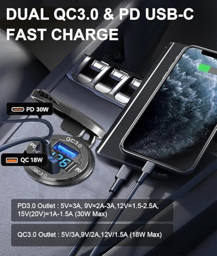 2Pack 78W Quad-Port 12V USB Outlet - Dual QC3.0 & PD3.0 Quick Charge Car Charger Socket with Voltmeter, Aluminum Alloy Waterproof USB C Port for Car Boat Marine Motorcycle RV Truck ATV Golf Cart 2Pack 78W Quad-Port 12V USB Outlet - Dual QC3.0 & PD3.0 Quick Charge Car Charger Socket with Voltmeter, Aluminum Alloy Waterproof USB C Port for Car Boat Marine Motorcycle RV Truck ATV Golf Cart - Image 2