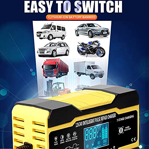 10Amp Car Battery Charger, 12V&24V Smart Battery Charger Maintainer with 7-Stage Charging Mode Repair for Car Truck Motorcycle Lead Acid Batteries, UK Plug, Yellow - Image 6