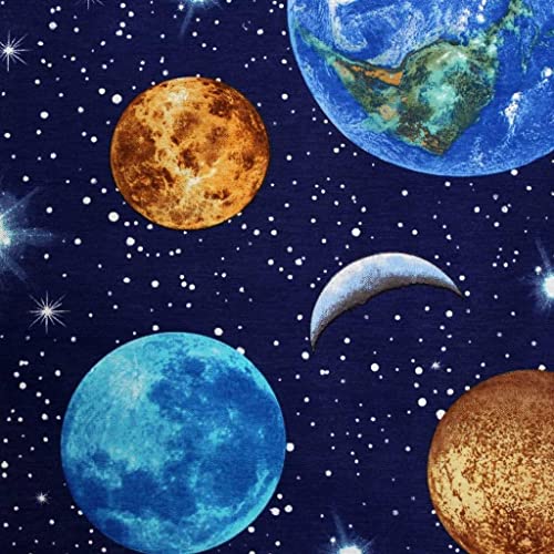 Tissu planètes et étoiles en coton pour rideaux et linge de lit galaxie