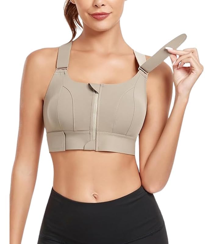 Image of Fashiol Women Padded High Impact Front Zip Compression Sports Bra Criss Cross Back Adjustable Velcro Strap at Band & Shoulder for Gym, Yoga, Running, Fitness & Workout