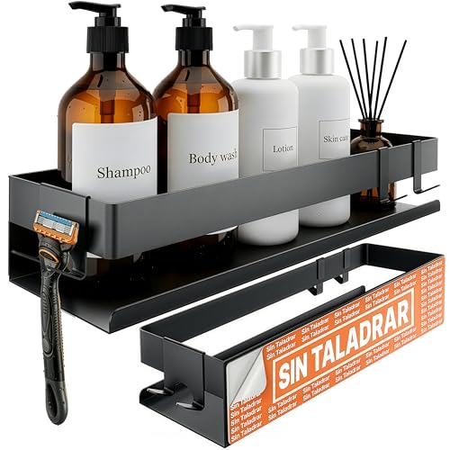 Minismus estanteria ducha sin taladro con ganchos moviles y barra, estante ducha organizador resistente, repisa baño adhesiva, estanteria baño sin tornillos o montada con tornillos cesta
