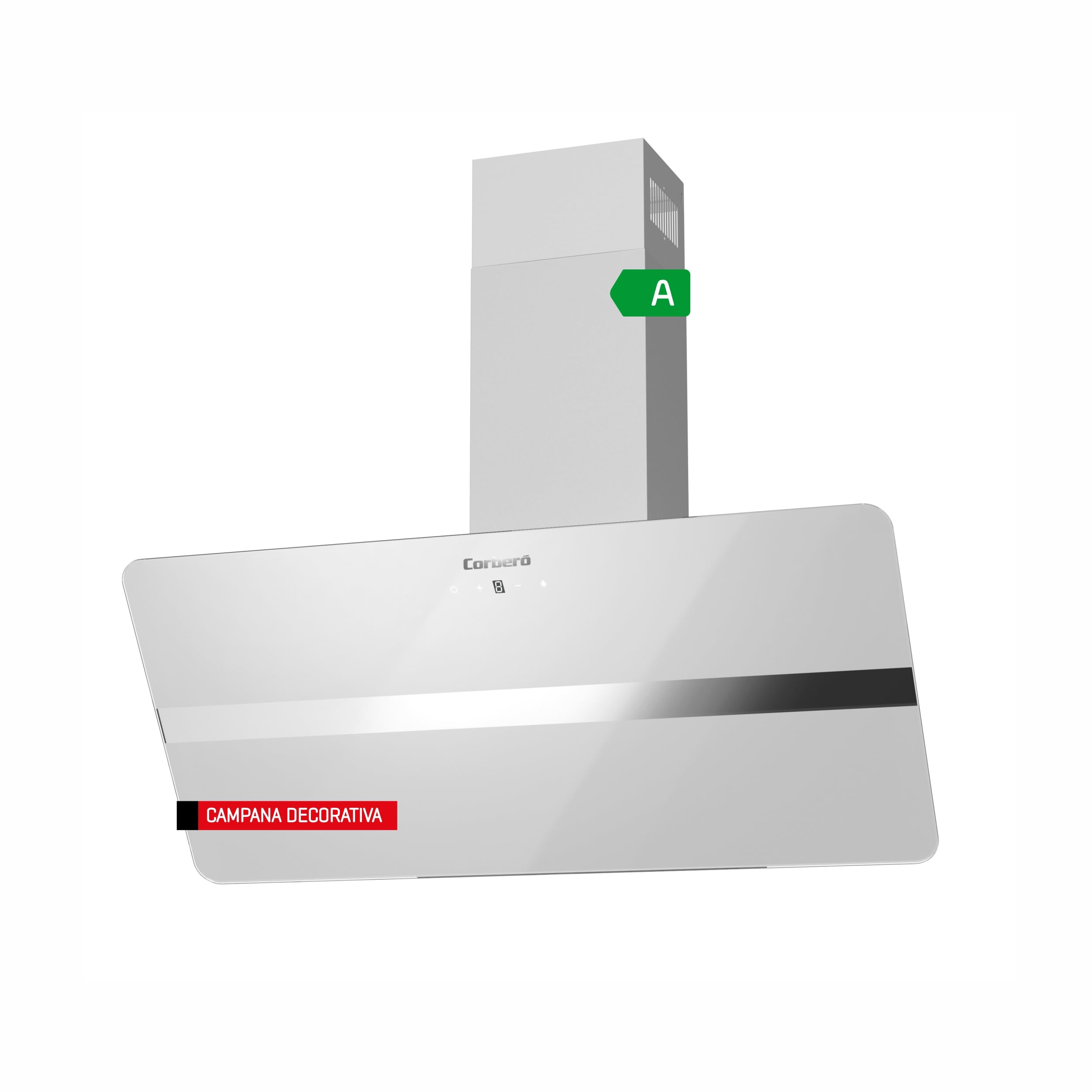 Corberó - Campana Extractora 90 cm | VICTORIA960W | 594,2 m3/h| 67db| 165W, |3 Velocidades, | Control Touch |Vidrio Templado | Filtro de Aluminio + Filtro Carbón | Cristal Blanco