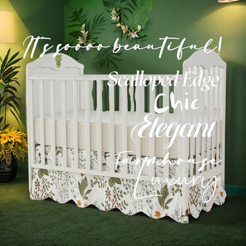 Image of Brandream Scallop Edge Cotton Crib Skirt Toddler Bedskirt Baby Nursery Crib Bed Skirt Boho Bohemian Neutral Vintage Sage Green Botanical Floral Farmhouse Chic Boho Bohemian Skirt