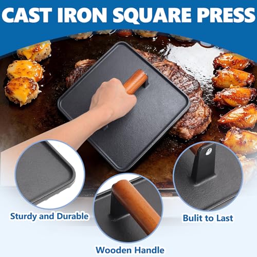 Image of SafBbcue 10 inch Square Cast Iron Burger Press Smash Burger Griddle Weight Press for Blackstone, Pitboss, Camp Chef Flat Top Grills Accessories, Bacon Press for griddle for Grill Cooking Accessories, 2PCS