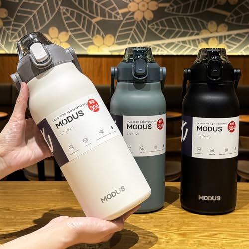 Garrafa Térmica De Grande Capacidade Em Aço Inoxidável Com Canudo 1700ML (Branco)