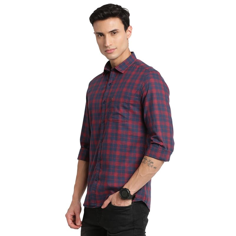 Image of Turtle Men 100% Cotton Navy Blue Checkered Slim Fit Full Sleeve Casual Shirt