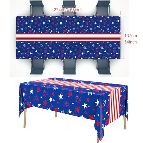 Image of Newwiee 6 Pcs 4th of July Patriotic Tablecloth Disposable American Flag Tablecloth 54x108 Plastic Red White Blue Independence Day Rectangle Table Cover 250th Decoration (Star Style)