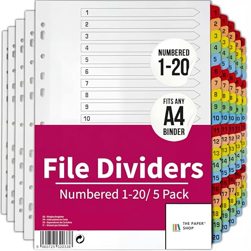 Binder Dividers with Tabs 1-20 Numbered – A4 (5 Pack) | Dividers for 3 Ring Binder | Numbered Tab Dividers for Office, School & Home Organization - The Paper Shop