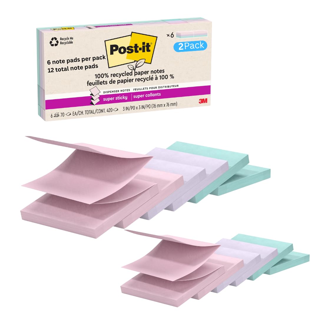 Post-it Super Haftnotizen, 100 % recyceltes Papier, 7,6 cm x 7,6 cm, 70 Blatt pro Block, Wanderlust-Pastelle, Schulbedarf und Büroartikel (2 Stück)