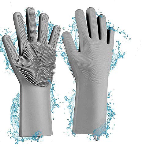 Preisvergleich Produktbild HeWan Handschuhe Reinigen-Silikon-Geschirrspülhandschuhe mit Waschmittel, hitzebeständig, wiederverwendbar und rutschfest, zum Spülen von Geschirr, Küche, Auto, Bad, Tierhaaren und vielem mehr, grau