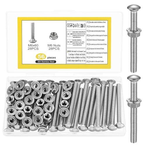 56 Pz Bulloni Testa Tonda M6 x 60 mm, Viti a Testa Tonda Piatta M6, Bulloni per Carrozze, Set di Viti e Dadi in Acciaio Inox, Bullone e Quadro Sottotesta e Dado Flangiati