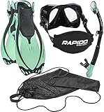 Phantom Aquatics Rapido Boutique Collection Marine Adjustable Snorkeling Fin Tempered Glass Mask Snorkel Set with Carry Net Bag (Mint Black, S/M, US: 6-9 / EU: 38-42)