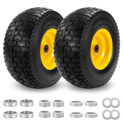 2PC 15x6.00-6 NHS Flat Free Front Lawn Mower Tire and Wheel 3/4 Bearing with Extra 5/8 Compatible with Most John Deere 100 and 300 Series Mowers 3-4.4 Centered Hub 700 lbs Load Capacity.