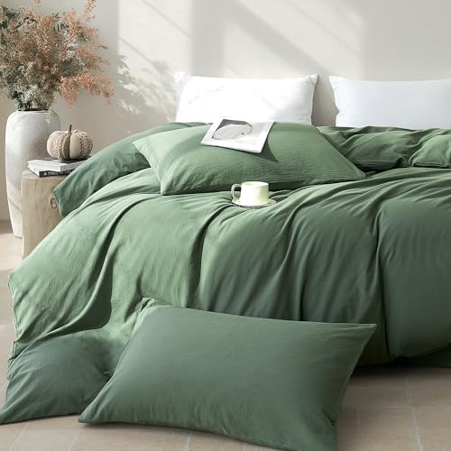 Image of JELLYMONI Duvet Cover Queen Size - Washed Cotton Comforter Cover with Linen-Like Texture,Breathable & Soft Bedding for Modern Home,Guest Room and Everyday Use,Dusty Green 1 Duvet Cover & 2 Pillowcases