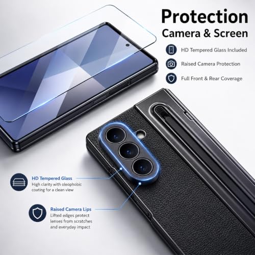 Image of amazon basics Premium Genuine Leather Case for Samsung Galaxy Z Fold 8 Ultra - Slim Fit Luxury Business Cover with Built-in S Pen Slot & Magnetic Hinge Protection - Midnight Black