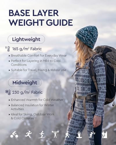 Image of MERINNOVATION Merino Wool Base Layer Set for Women 100% Merino Wool Thermal Underwear Sets Lite - Midweight Top Tank Bottom