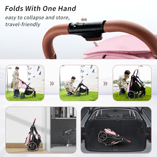 Image of Tinyiota All-Terrain Baby Stroller, 48.5lb Capacity with UPF 50+ Canopy, One-Hand Fold, Microfiber Leather Handle,Near Lie-Flat Mode for Newborn to Toddler (Hot Pink)