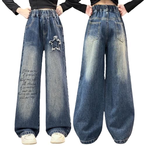 Tween Girls Baggy Jeans Letter Printed and Star Embroidered, Wide Leg Elastic Waist Denim Pants with Back Pockets
