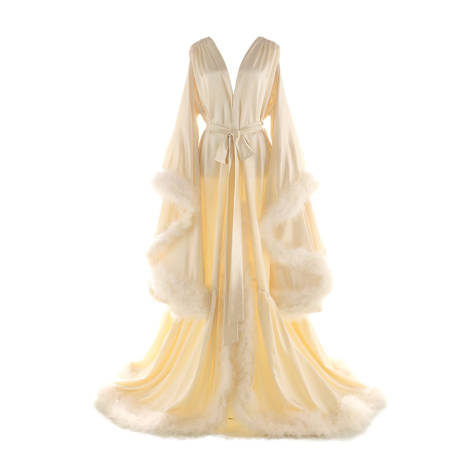 Daily Life Mall Women's Feather Bridal Robes Old Hollywood Maternity Photoshoot Nightgown Silk Bathrobe Long Lingerie: 3X-Large Champagne
