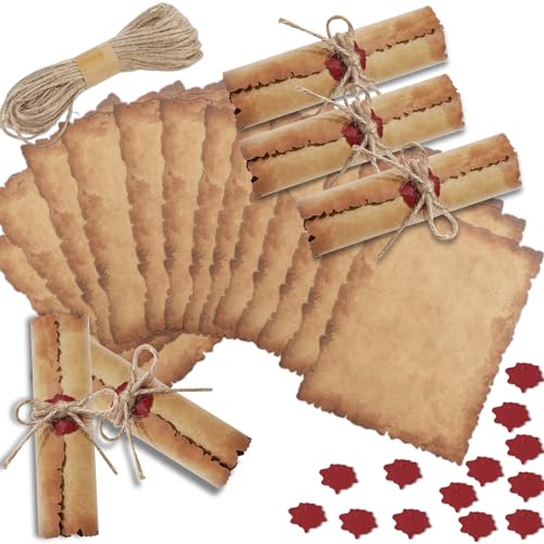 chiazllta 100 Sets Vintage Scroll Invitation with Foil Sticker String Antique Aged Wedding Invitation Stationary Paper Santa Naughty Nice List for Christmas Pirate Wizard Witch Decoration(5x7 Inch)