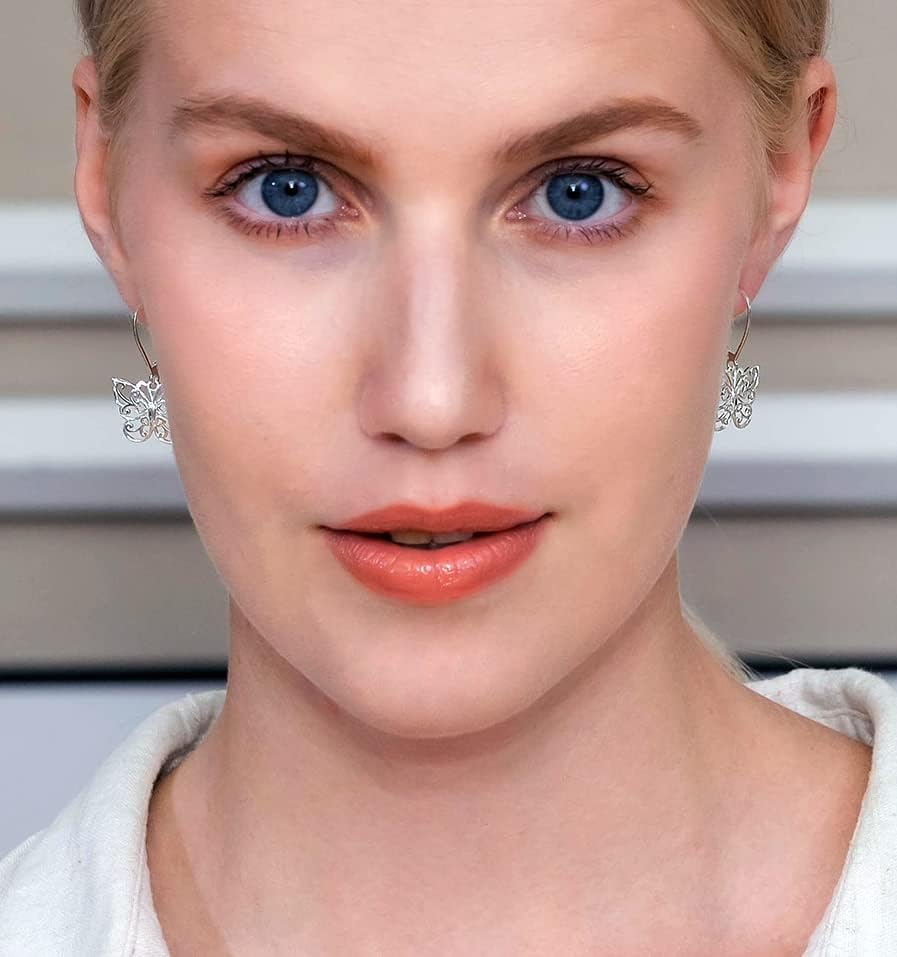 Hoops & Loops 925 Sterling Silver Diamond-cut Filigree Thin Dainty Butterfly Dangle Drop Leverback Earrings - Image 3