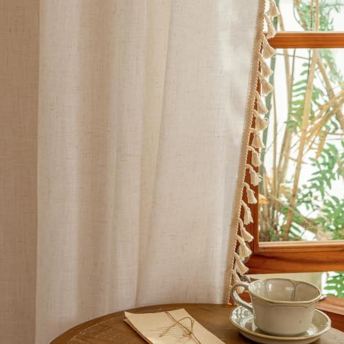 Image of MYSKY HOME 90 Inch Boho Cream Semi Sheer Curtains Light Filtering Back Tab Drapes for Living Room Sliding Door & Patio Privacy Protect Farmhouse Country Decor, 50 inch Wx90 inch L, Natural, 2 Panels