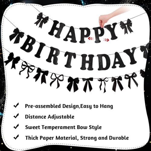 Image of NatNar Bow Birthday Decorations, Black Bow Happy Birthday Banner | Black Birthday Decorations with Cute Bow Hanging Swirls for Women Girls Birthday Party Supplies