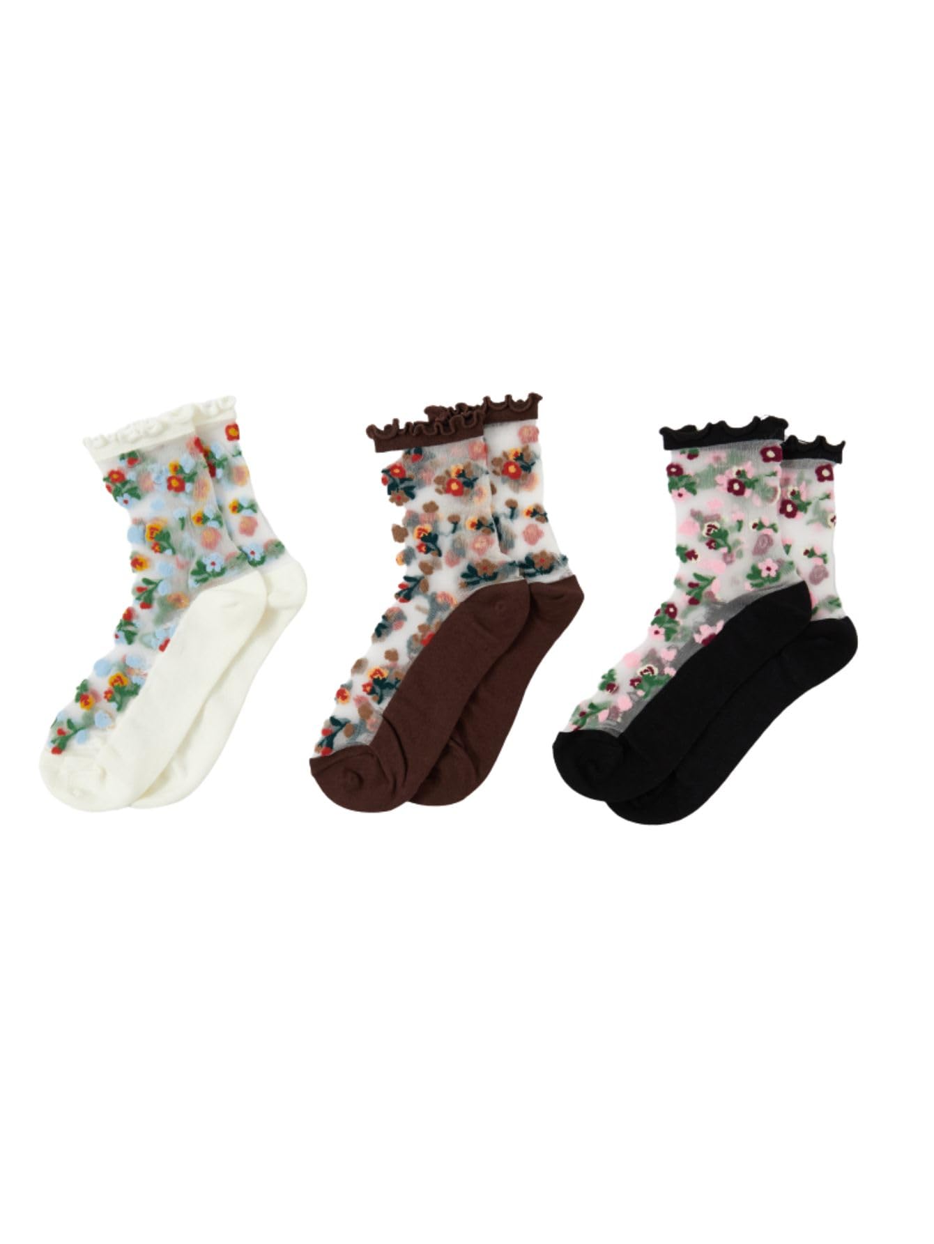 Verdusa Women's 3 Pairs Sheer Mesh Socks Floral Thin Socks