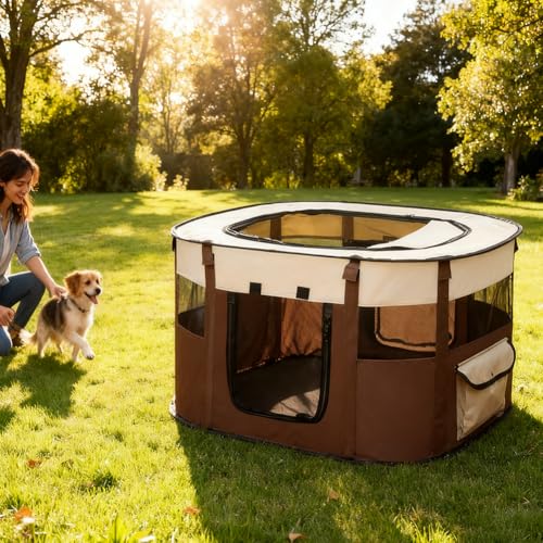Welpenlaufstall Tierlaufstall - 70x55x40cm Faltbarer Haustierzaun,Oxford Wasserdichter Welpenauslauf,Welpenauslauf Rechteckiges Zelt für Hunde, Katzen und Kleintiere (Braun)