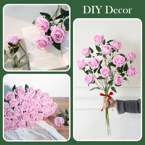 Image of 50 PCS Pink Roses Artificial Flowers, Real Looking Fake Roses with Long Stems Silk Flowers for DIY Wedding Bouquet Party Celebration Home Bridal Shower Decoration Valentine's Day Gift for Her Wife