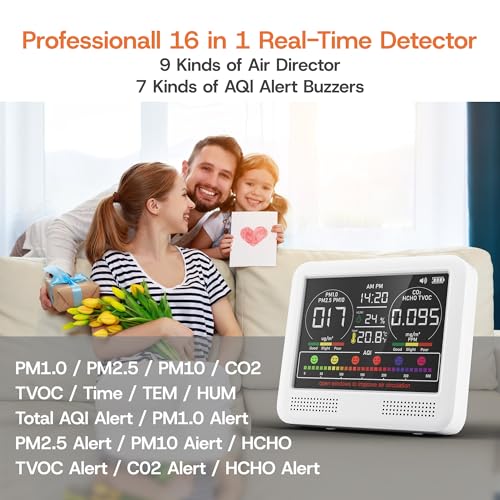 Image of 16-in-1 Indoor Air Quality Monitor with PM1.0,PM2.5,PM10,CO2,HCHO,TVOC,Temperature,Humidity,Time Display &7 AQI Alarms - Professional Air Quality Tester for Home, Office & Indoor Use (Ivory White)