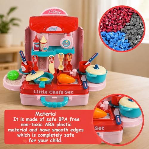 Image of WISHKEY Plastic 3 in 1 Kitchen Cooking Pretend Play Tool Set Toy for Little Chef's with Life Like Accessories & Cute Multi-Purpose Portable Suitcase for Kids ( Multicolor)