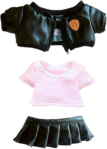 niannyyhouse Muñeca de peluche de 7.9 in, chaqueta de piel, falda a rayas, camiseta de 8 pulgadas, ropa de muñeca de peluche (A-Girl)