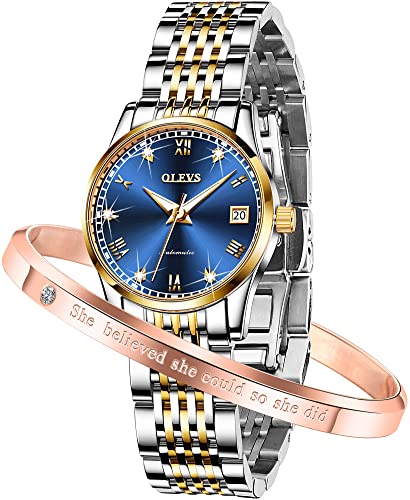 OLEVS Montres pour femme à remontage automatique - Montre élégante de luxe en acier inoxydable lumineuse et étanche, bleu, Bracelet Cover