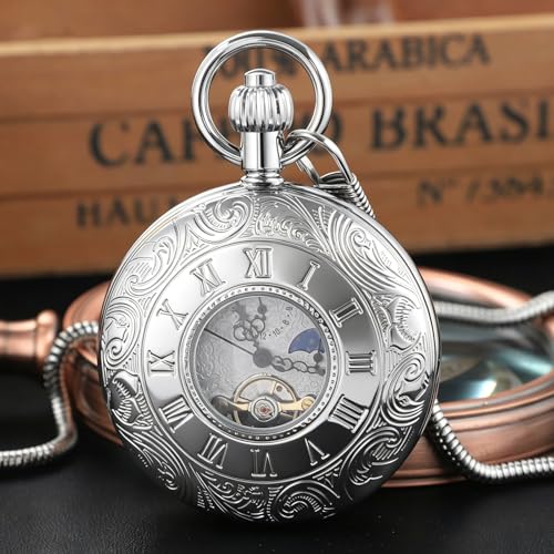 Image of Men's Mechanical Pocket Watch with Chain, Vintage Full Copper Hand-Wind Second&24hours Sub-dials Pocket Watches for Men with Box