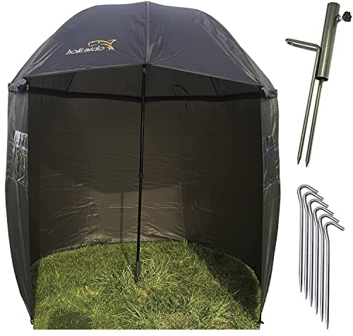 NECO 15021 Parapluie de pêche Ø 220 cm avec cape, support de parasol et piquets de terre, protection contre la pluie, le vent et les rayons UV, 2 hommes et bagages de carpe + étui gratuit Cover
