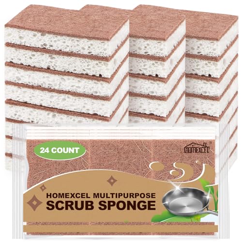HOMEXCEL Set de 24 esponjas de Cocina Naturales, de Doble Cara, Resistentes al Rayado, Esponja de celulosa Segura para sartenes antiadherentes