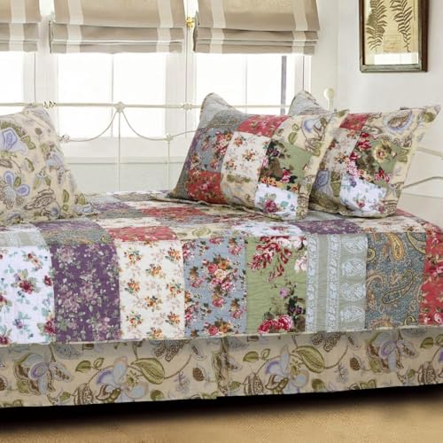 Image of Greenland Home Fashions 100% Cotton Authentic Patchwork Quilted Daybed Set, 7 Piece, Blooming Prairie
